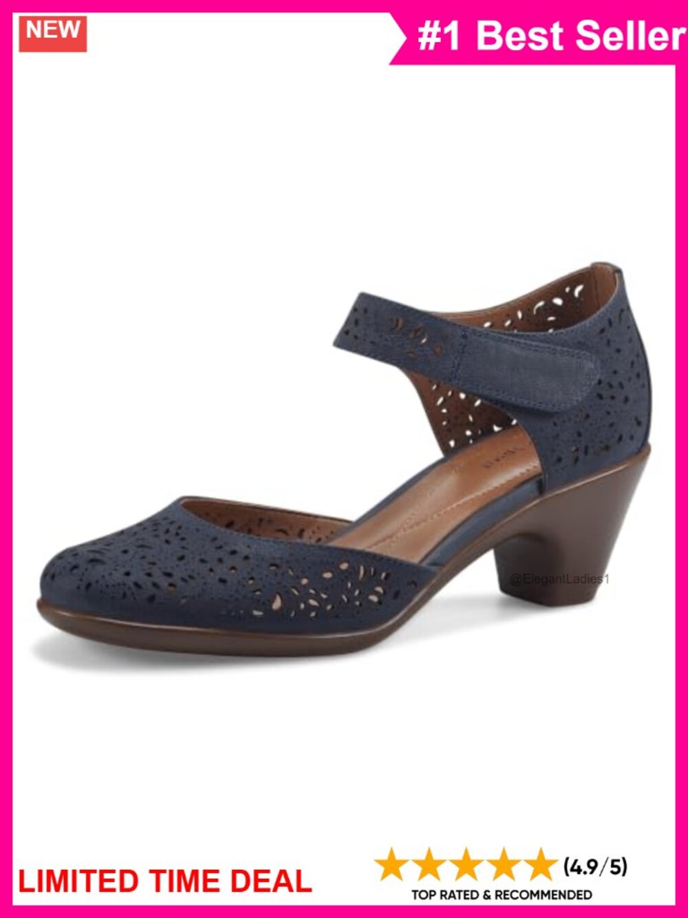 Nubuck Leather Laser-Cut Block Heel Pump Ankle Strap Round Toe